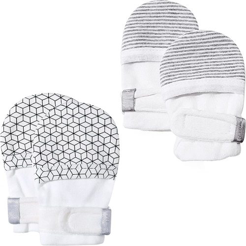 HAPIU Baby No Scratch Mittens Stay On, 100% Cotton Breathable, Adjustable Infant Gloves for Boys Girls, Newborn - 12 M