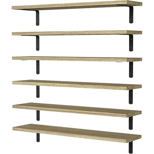 WOPITUES Wood Floating Shelves Set of 6, 24 inch Long Floating Shelves for Wall Decor, Farmhouse Shelf for Bedroom, Bathroom Storage Shelves, Book Shelves for Living Room - Rustic Brown