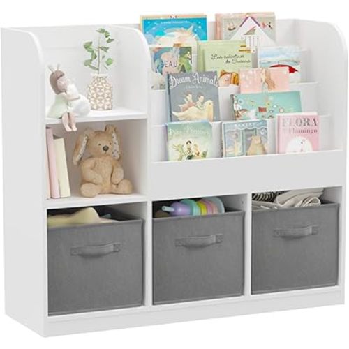 Kids Bookcase and Bookshelf. Toy Organizer Shelves with 3 Collapsible Fabric Drawers and Multi-Layer Bookshelf for Nursery, Bedroom and Playroom