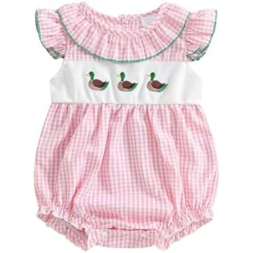 SAYOO Baby Girls Duck Romper Mallard Duck Embroidery Smocked Bubble Romper Bodysuit Newborn Infant Toddler Hunting Outfit