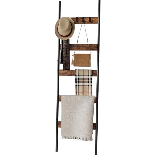 Blanket Ladder, 5-Tier Towel Holder with 4 Removable Hooks, Farmhouse Wall Leaning Decorative Rack Shelf, Wooden Towel Display Rack, Quilt Ladder for Living Room, Bedroom, Rustic Brown