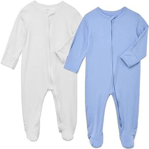 Aablexema Baby Footie Pajamas Zipper - Rayon from Bamboo Infant Footed Pjs with Mittens Sleepwear Jammies - White and Blue - 0-3 Months