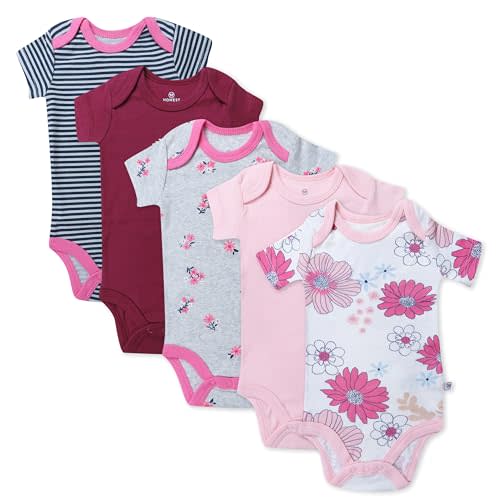 HonestBaby baby-girls 5-pack Short Sleeve Bodysuits One-piece 100% Organic Cotton for Infant Baby Girls