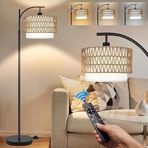 Rattan Boho Floor Lamp with 3 Color Temperatures, Remote Controlled, Dimmable Wicker Shades