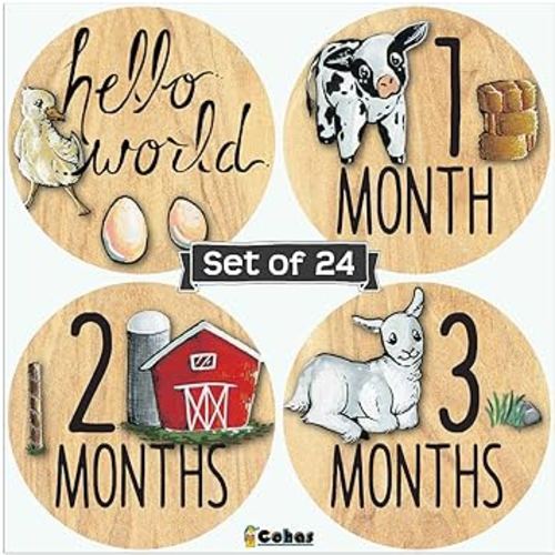 Cohas Monthly Baby Milestone Stickers Include 24 Vinyl Stickers with Wood Background, Farm Animals