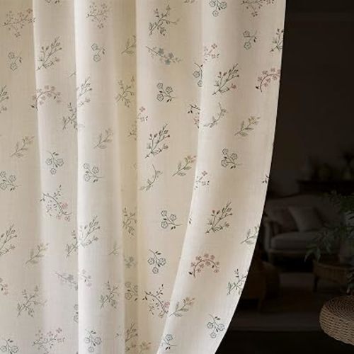 Vintage Floral 100% Blackout Curtains - Linen Texture 2 Panels 52"W x 72"L