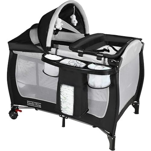 Kinder King 4 in 1 Portable Pack n Play, Baby Nursery Center Playard w/Bassinet, Large Playpen for Infant and Toddler, Newborn Changing Table, Adjustable Canopy, Storage Basket, Travel Bag, Black