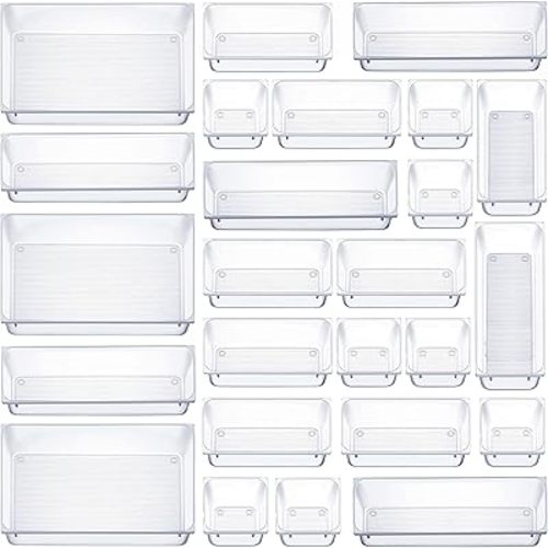 25 PCS Clear Plastic Drawer Organizers Set, 4-Size Versatile Bathroom and Vanity Drawer Organizer Trays, Storage Bins for Makeup, Bedroom, Kitchen Gadgets Utensils and Office Accessories