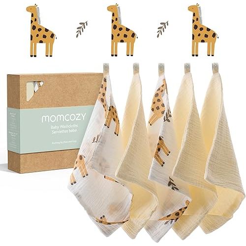 Momcozy Soft & Absorbent Baby Washcloths - 4 Layer Design| Medium Thickness| Premium Cotton for Newborns' Skin-Great for Bathing, Wiping & on-The-go Use, Shower Gift and Essential(5 Pack, 10x10 inch)