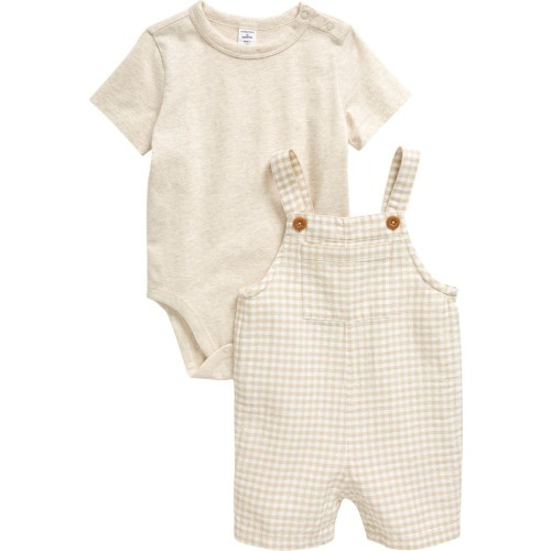 Baby Cotton Bodysuit & Shortalls Set, 3M, Beige Oyster Gingham- Oatmeal