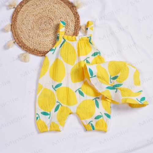 Baby Lemon Printed White Romper with Hat