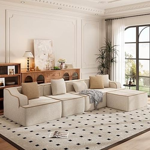 PHI VILLA Cloud Modular Couch Sets, 134" L-Shaped Sectional Sofa with Movable Ottoman, 5-Seater Couches with Deep Seat for Living Room, No Assembly Required, Corduroy, Beige