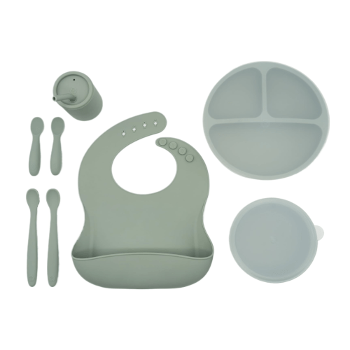 WeeSprout Baby Led Weaning Bundle, Silicone Suction Bowl, Spoons, Bib & Cup, Develops Self Feeding Skills, Dishwasher Safe (Green)