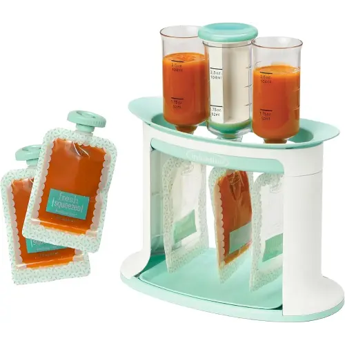 Infantino Squeeze Station, Baby Food Maker & Pouch Filler, Fill 3 Reusable Pouches at Once, Easy to Use, Dishwasher Safe, Homemade Baby Food Prep Essential, Teal