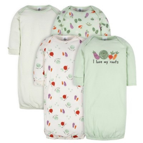 Gerber Baby Neutral Long Sleeve Gowns with Mitten Cuffs - 4-Pack, Color: Happy veggies, Size: 0-6 months