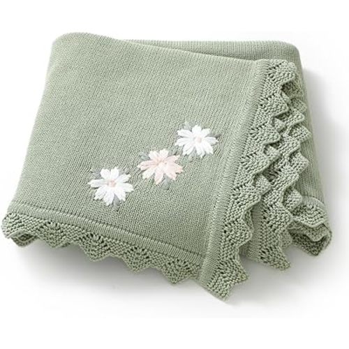 LAWKUL Baby Blanket 100% Traceable Cotton Knit Receiving Blankets Infant Swaddle for Newbron Boy Girls 40"x30" Green Floral
