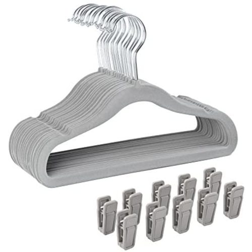 Finnhomy Non-Slip Clothes Hangers for Baby and Kids 30-Pack Velvet Hangers with 10 Finger Clips, Gray