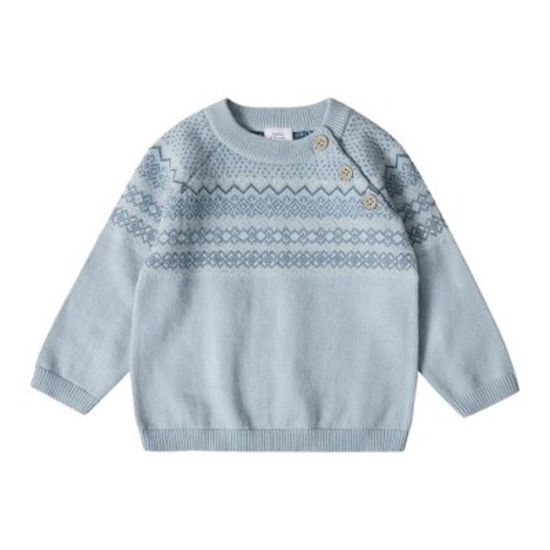 Stellou & Friends 100% Cotton Knit Norwegian Jacquard Design Baby Toddler Boys Girls Long Sleeve Crew Neck Sweater with Shoulder Buttons, Color: Light blue with ocean blue and white, Size: 0-3 months