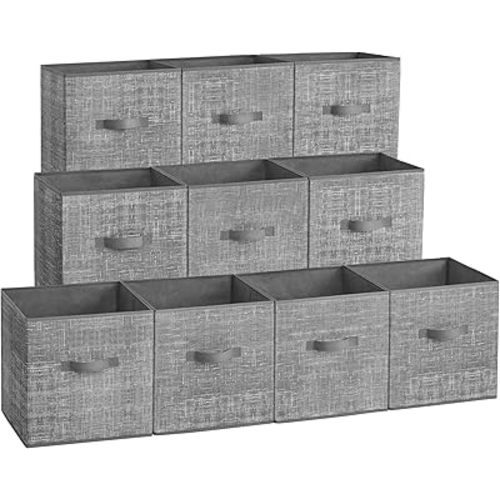 SONGMICS Storage Cubes, 11-Inch Non-Woven Fabric Bins with Double Handles, Set of 10, Closet Organizers for Shelves, Foldable, for Clothes, Cattail Gray UROB126G01