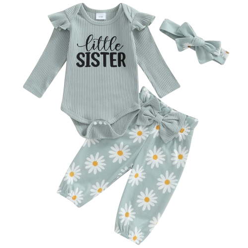 Newborn Baby Girls Fall Outfit Set Sister Long Sleeve Romper with Daisy Pants Headband 3Pcs Clothes