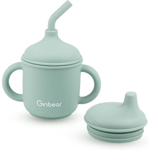 Ginbear 2-in-1 Sip-N-Straw Cup for Baby, Spill Proof Non-Toxic BPA Free Food Grade Silicone Training Transition Sippy Cup for Toddler 6 Months+ (Hazy Green)