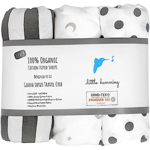 Guava Lotus Travel Crib Sheets (3 Pack) - 100% Organic Cotton Crib Sheets, Oeko-TEX Fitted Crib Sheets (for The New 4 Tab Mattress Version ONLY)