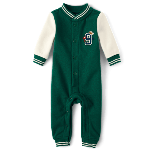 Baby Boys Embroidered Varsity Premium Fleece Romper - Green