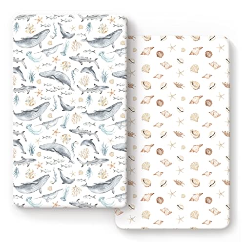GRSSDER Stretchy Ultra Soft Jersey Knit Fitted Crib Sheets Set 2 Pack, Fit All Standard Crib Mattresses Safe and Snug, Beautiful Marine Organism for Boys and Girls