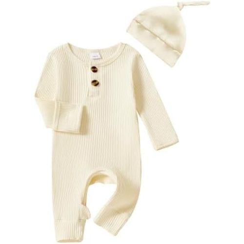 Infant Boys Girls Clothes Set Newborn Baby Romper Hat Ribbed Knit Long Sleeve Button Solid Bodysuit Jumpsuit