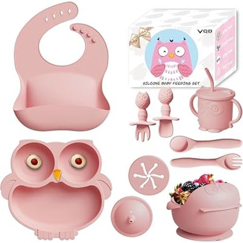 13Pcs Silicone Baby Feeding Set - Baby Spoon, Baby Bowls, Baby Plates with Suction, Baby Bib, Toddler Cups with Replaceable Lids (Pink)