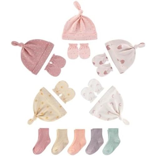Newborn Baby Hats Mittens and Socks Set Infant Cotton Beanie Caps No Scratch Gloves for Boys Girls 0-6 Months
