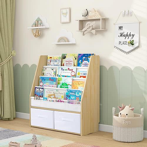 MallBest Toddler Bookshelf – Solid Wood Book Display Rack with Storage Bins, Easy to Assemble, Ages 1-5 (Natural)