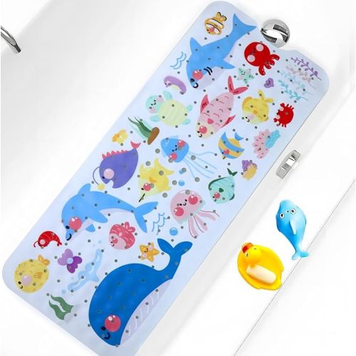Baby Bath Mat for Tub Non Slip Kids Bathtub Mat Extra Long 40X16 Inch Toddler Bath Tub Shower Mat Anti Slip with Suction Cups & Drain Holes, Machine Washable (Ocean Animals)