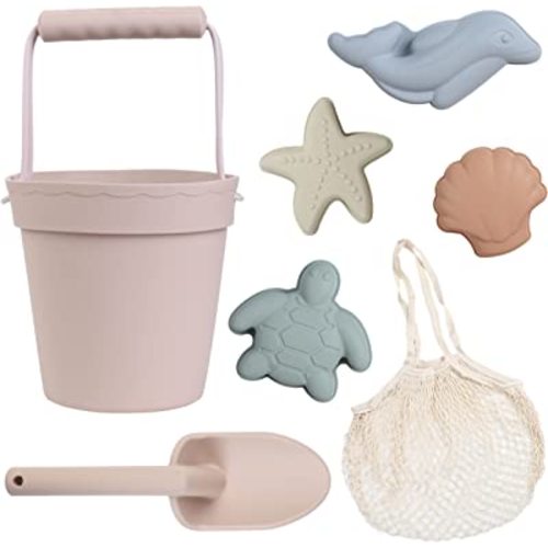 BLUE GINKGO Modern Baby Toys | Travel Friendly Beach Set | Silicone Bucket, Shovel, 4 Sand Molds, Bag | Sand Toys for Toddlers, Kids - 7pc (Pale Pink)