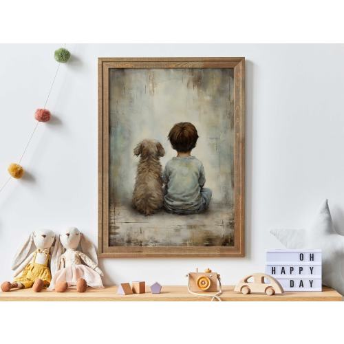 Boy and Dog Art, Puppy Nursery Print, Dog Decor, Vintage Nursery Art, Rustic Nursery, Dog Lover Art, Boy Room Decor, PRINTABLE Kids Wall Art