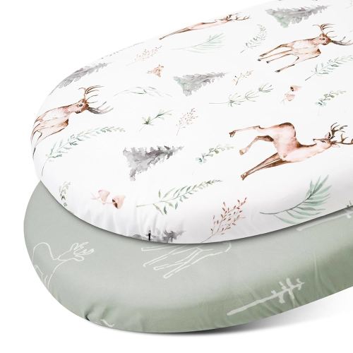 Gllquen Baby Bassinet Sheets Set 2-Pack, Breathable Cozy Bassinet Fitted Sheet Universal Fit Standard Mattress Oval Rectangle Cradle Baby Sheets for Baby Boy Girls Unisex 32"x16" (Reindeer)