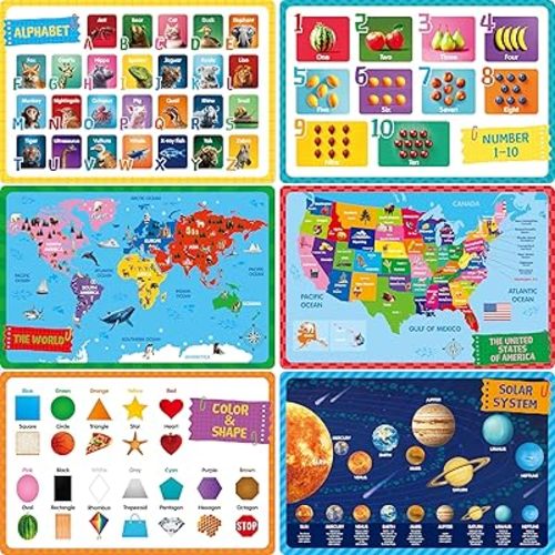 6 Pack Placemats for Kids, Non-Slip Washable, Reusable Alphabet, Number, Shape & Color, Universe, Map, Different Themed Educational Table Mats for Home, Kindergarten, Classroom, Nursery
