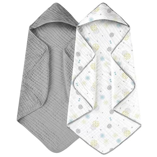 Yoofoss Hooded Baby Towels for Newborn 2 Pack 100% Muslin Cotton Baby Bath Towel with Hood for Babies, Infant, Toddler and Kids, Large 32x32Inch, Soft and Absorbent Newborn Essential - Grey and White Fireworks