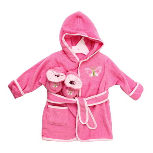 Spasilk Baby Cotton Terry Hooded Bathrobe with Booties, Shower Set, Pink Butterfly