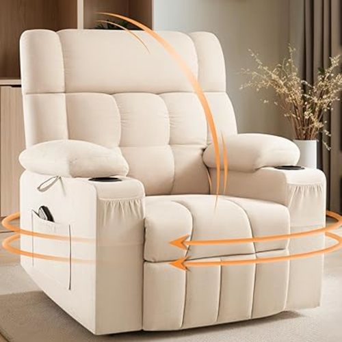 Jocisland Large Swivel Rocking Recliner Chair for Adults, Lazy Boy Manual Glider Rocker Reclining with Cupholder & Side Pocket for Living Room Bedroom Nursery, Linen Beige