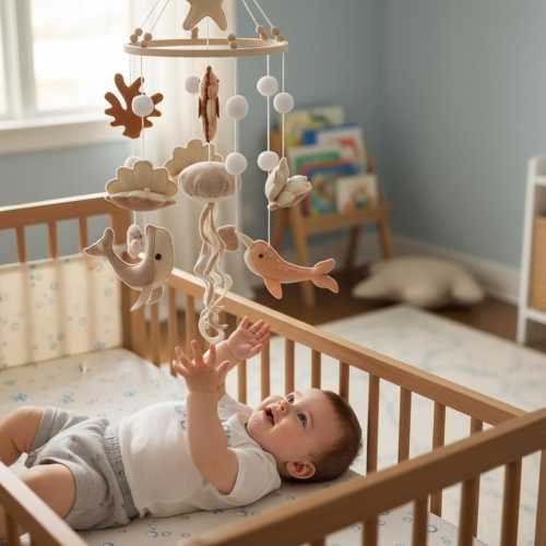 Coastal Ocean Themed Baby Mobile | Handmade Felt Crib Mobile for Nursery Decor | Under the Sea Mobile Handmade Wool Felt Wood Hoop