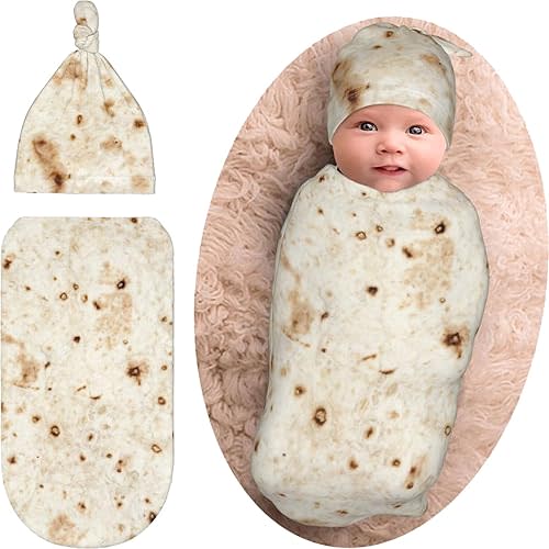 Burrito Tortilla Baby Swaddle Blanket Beanie Set, Soft and Stretchy Taco Newborn Blanket Swaddle Sack Funny Gift for Boy and Girl Baby Shower