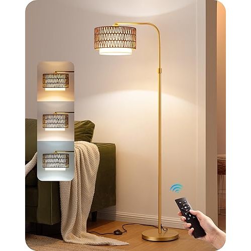 EDISHINE Rattan Floor Lamp for Living Room with Remote & Dimmable LED Bulb,63'' Mid Century Rattan Fabric Shade Standing Lamp with 5 Color Temperature, Farmhouse Boho Standing Lamp for Bedroom Office