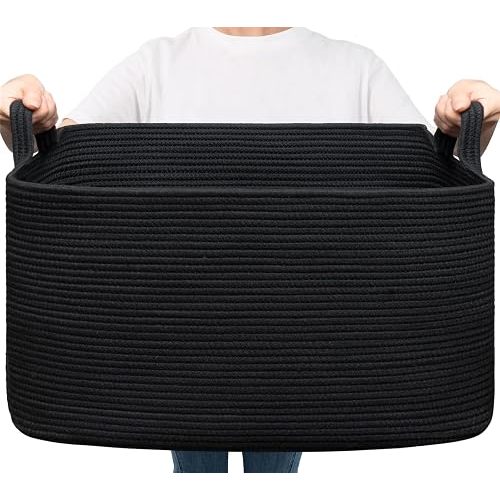 Goodpick Large Blanket Basket Living Room, 21.6" x 14.9" x 11.8" Woven Storage Basket for Blankets, Toys, Rectangle Rope Dirty Clothes Baskets for Nursery, Bedroom, Black