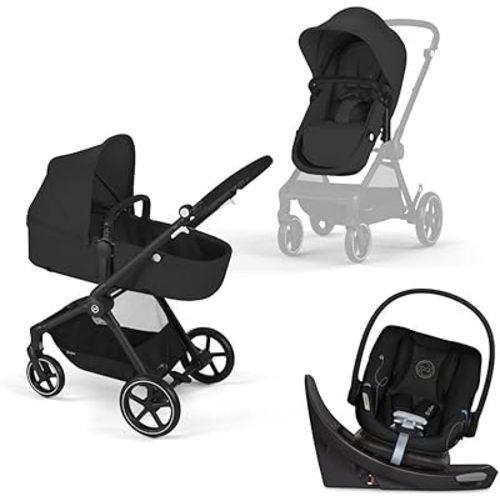 Cybex EOS 5-in-1 Travel System Stroller + Lightweight Aton G Swivel Infant Car Seat, Moon Black, Black Frame