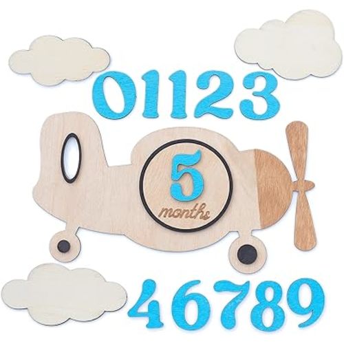 Baby Monthly Milestone Cards - Wooden Monthly Milestone Discs - Newborn Photography Props to Document Your Baby´s Growth - Baby Announcement Sign (Plane)