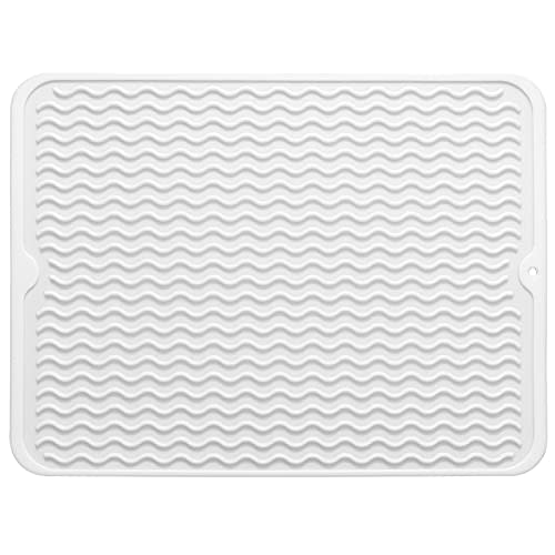 MicoYang Silicone Dish Drying Mat for Multiple Usage,Easy clean,Eco-friendly,Heat-resistant Silicone Mat for Kitchen Counter or Sink,Refrigerator or Drawer liner White L 16 inches x 12 inches