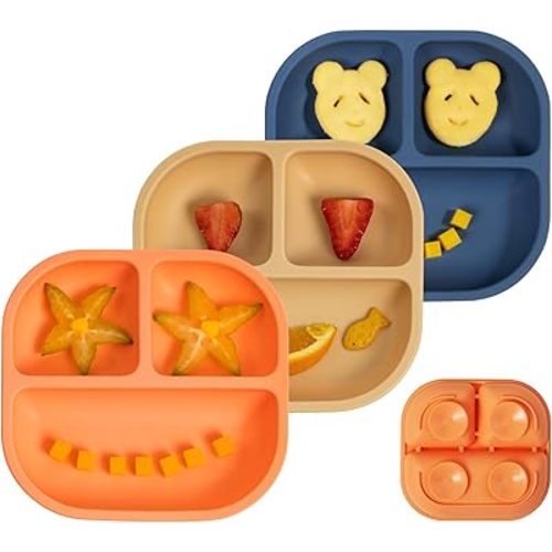 BABELIO Powerful Suction Plates for Baby and Toddler, 100% Food Grand Silicone, Divided, BPA Free, Microwave & Dishwasher Safe, Stay Put, 3 Pack