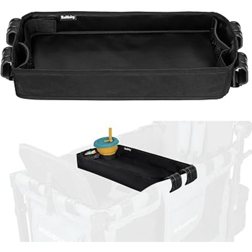 Double Sided Stroller Tray Fits for Wonderfold Wagon- Kids Snacks & Activities - Faux Leather Sides for Eating - Cup Holders & Mesh Pockets, Play On the Go, 15" L x 7.5" W x 3" H (W2 Series)