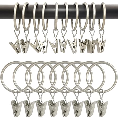 WeeksEight 100 Pack Matte Silver Curtain Rings with Clips, Curtain Hooks Hangers Clip Rings for Hanging Drapes Bows Hat, Drapery Rings 1.26 in I D, Fits up to 1 in Diameter Curtain Rod.